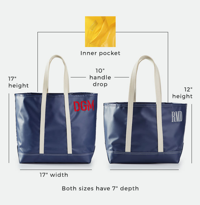 Inner pocket - 17" height - 10" handle drop - 17" width - Both sizes have 7" depth
