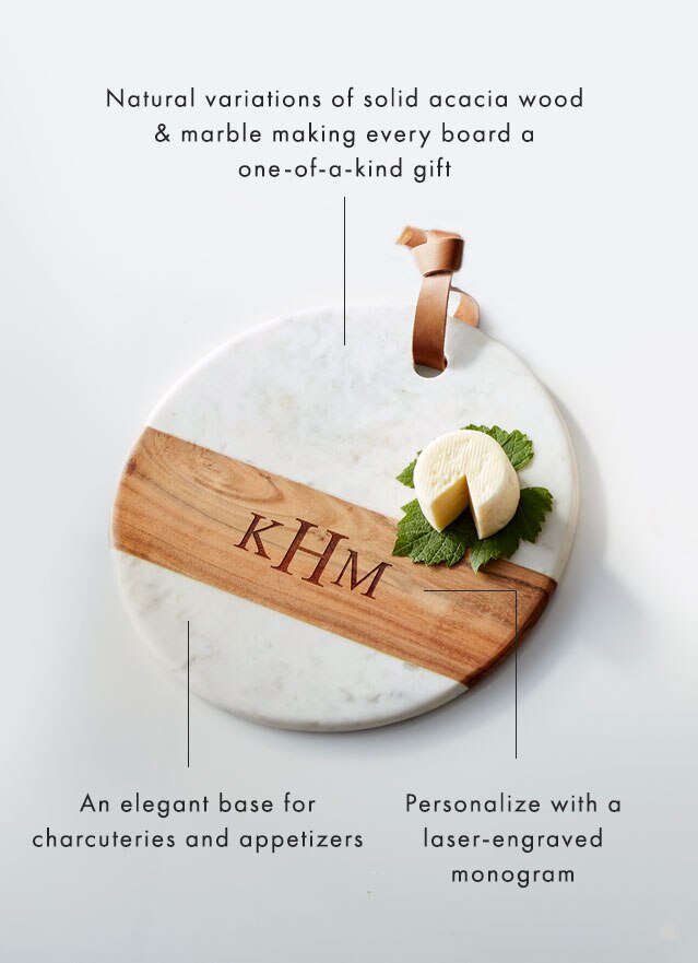 Natural variations of solid acacia wood & marble making every board a one-of-a-kind gift - An elegant base for charcuteries and appetizers - Personalize with a laser-engraved monogram