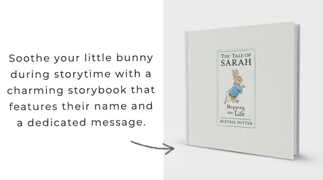 Soothe your little bunny during storytime with a charming storybook that features their name and a dedicated message.