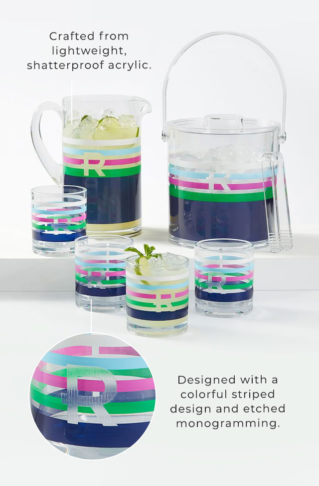Crafted from lightweight, shatterproof acrylic. - Designed with a colorful striped design and etched monogramming.