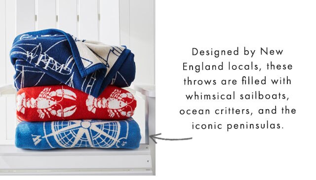 Designed by New England locals, these throws are filled with whimsical sailboats, ocean critters, and the iconic peninsulas.