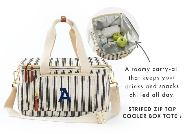 A roomy carry-all that keeps your drinks and snacks chilled all day. - STRIPED ZIP TOP COOLER BOX TOTE ›