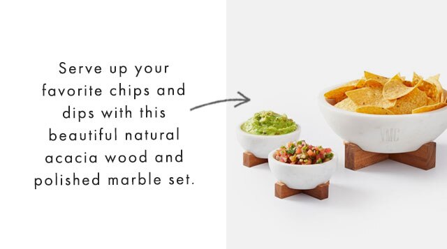 Serve up your favorite chips and dips with this beautiful natural acacia wood and polished marble set.