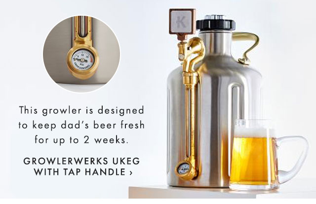 This growler is designed to keep dad’s beer fresh for up to 2 weeks. - GROWLERWERKS UKEG WITH TAP HANDLE ›
