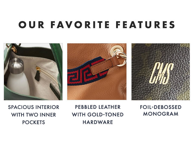 OUR FAVORITE FEATURES: SPACIOUS INTERIOR WITH TWO INNER POCKETS - PEBBLED LEATHER WITH GOLD-TONED HARDWARE - FOIL-DEBOSSED MONOGRAM