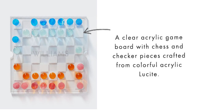 A clear acrylic game board with chess and checker pieces crafted from colorful acrylic Lucite.