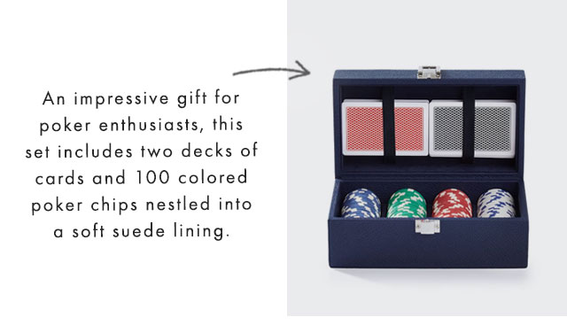 An impressive gift for poker enthusiasts, this set includes two decks of cards and 100 colored poker chips nestled into a soft suede lining.