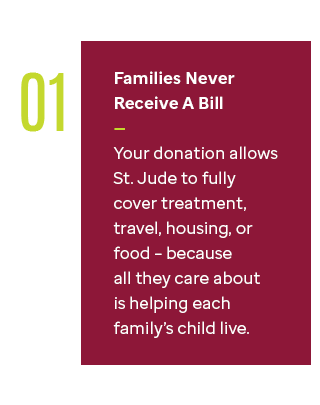 01. Families Never Receive A Bill — Your donation allows St. Jude to fully cover treatment, travel, housing, or food – because all they care about is helping each family’s child live. 