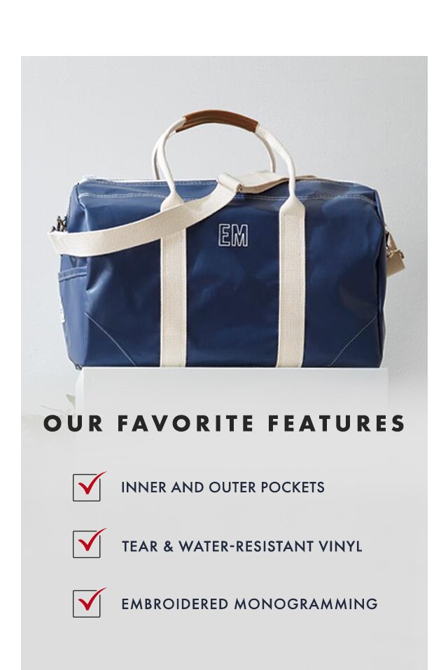 OUR FAVORITE FEATURES: INNER AND OUTER POCKETS - TEAR & WATER-RESISTANT VINYL - EMBROIDERED MONOGRAMMING