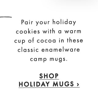 Pair your holiday cookies with a warm cup of cocoa in these classic enamelware camp mugs. - SHOP HOLIDAY MUGS ›