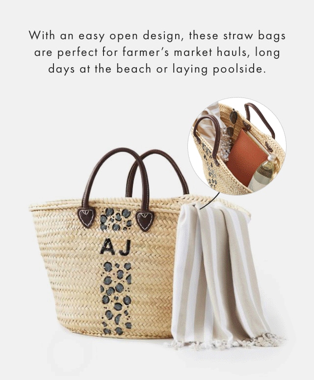 With an easy open design, these straw bags are perfect for farmer’s market hauls, long days at the beach or laying poolside. 