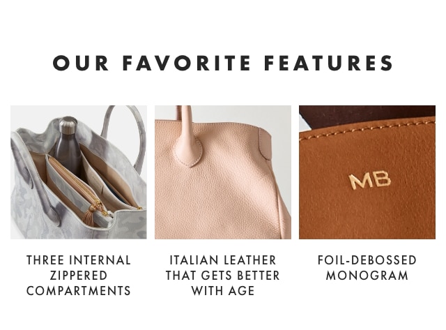 OUR FAVORITE FEATURES: THREE INTERNAL ZIPPERED COMPARTMENTS - ITALIAN LEATHER THAT GETS BETTER WITH AGE - FOIL-DEBOSSED MONOGRAM