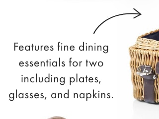 Features fine dining essentials for two including plates, glasses, and napkins.