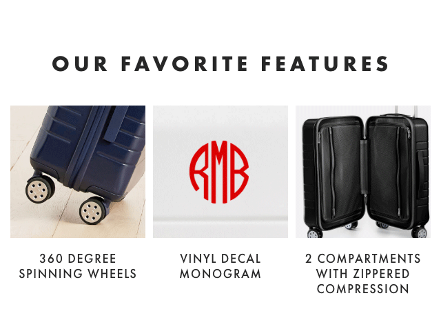 OUR FAVORITE FEATURES: 360 DEGREE SPINNING WHEELS - VINYL DECAL MONOGRAM - 2 COMPARTMENTS WITH ZIPPERED COMPRESSION