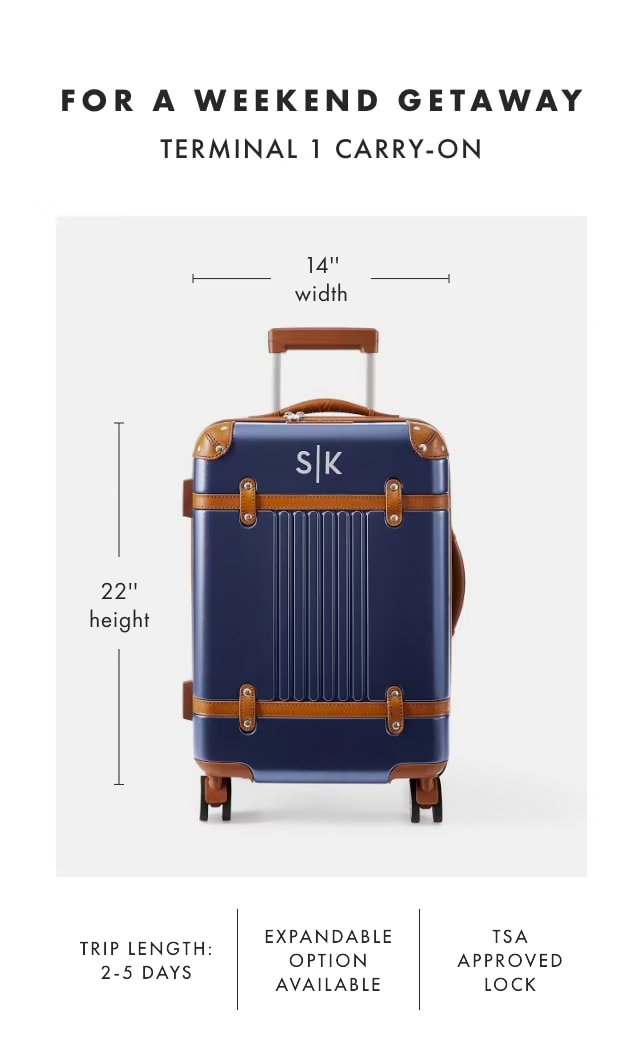 FOR A WEEKEND GETAWAY - TERMINAL 1 CARRY-ON: TRIP LENGTH: 2-5 DAYS - EXPANDABLE OPTION AVAILABLE - TSA APPROVED LOCK
