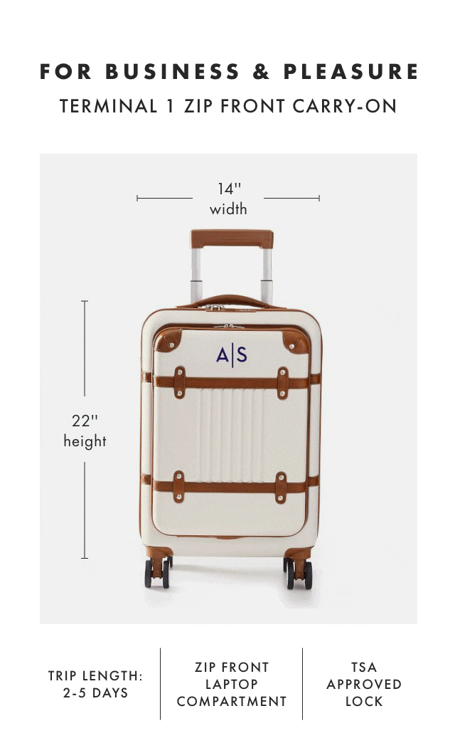 FOR BUSINESS & PLEASURE - TERMINAL 1 ZIP FRONT CARRY-ON: TRIP LENGTH: 2-5 DAYS - ZIP FRONT LAPTOP COMPARTMENT - TSA APPROVED LOCK