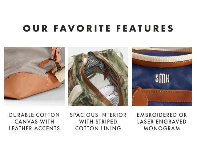 OUR FAVORITE FEATURES: DURABLE COTTON CANVAS WITH LEATHER ACCENTS - SPACIOUS INTERIOR WITH STRIPED COTTON LINING - EMBROIDERED OR LASER ENGRAVED MONOGRAM