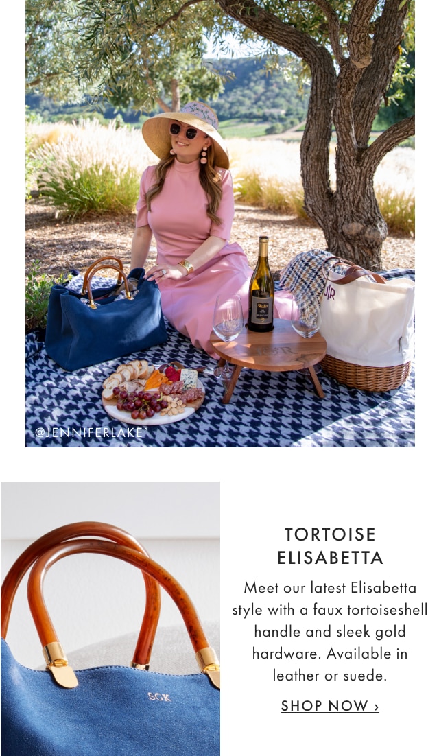 TORTOISE ELISABETTA - Meet our latest Elisabetta style with a faux tortoiseshell handle and sleek gold hardware. Available in leather or suede. - SHOP NOW ›