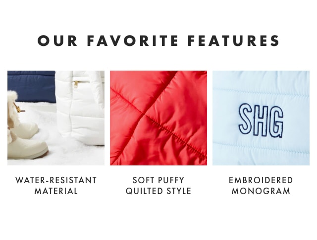 OUR FAVORITE FEATURES: WATER-RESISTANT MATERIAL - SOFT PUFFY QUILTED STYLE - EMBROIDERED MONOGRAM