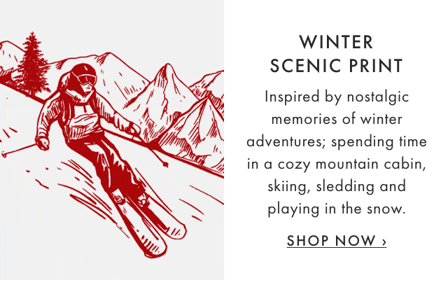 WINTER SCENIC PRINT - Inspired by nostalgic memories of winter adventures; spending time in a cozy mountain cabin, skiing, sledding and playing in the snow. - SHOP NOW ›
