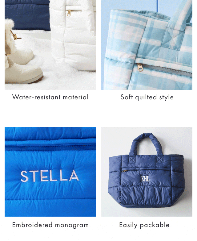 Water-resistant material - Soft quilted style - Embroidered monogram - Easily packable