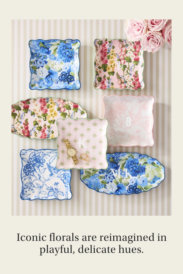 Iconic florals are reimagined in playful, delicate hues.